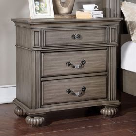 1pc Nightstand Only Traditional Gray Solid wood 3-Drawers Ball Bearing Metal Glides Antique Brass Handles w/ Acrylic Accent Bedroom Furniture