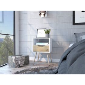 Otom Nightstand ; Superior Top; One Open Shelf; One Drawer; Four Legs -White / Light Oak