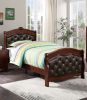 Dark Cherry Twin Size Bed Youth Bedroom Furniture Espresso Faux Leather Headboard Footboard Plywood 1pc Bedframe