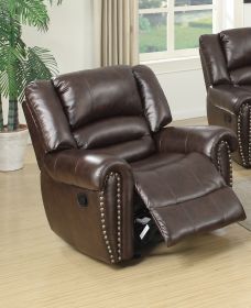 Modern 1pc Manual Motion Recliner Chair Glider Dark Brown Bonded Leather Armrest Cushion Seating Nailhead Living Room Furniture