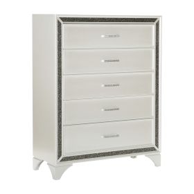 Modern Glam Style Bedroom Furniture Chest of 5x Drawers 1pc Pearl White Finish Faux Crystals Handles