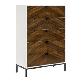 Beautiful White and Walnut Finish 1pc Chest of Drawers Storage Black Metal Legs Flat Tone Pocket Pulls Modern Bedroom Furniture