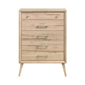 Mid-Century Modern Design Natural Oak Finish Chest of 5 Drawers Nickel Tone Classic Style Bedroom Furniture 1pc