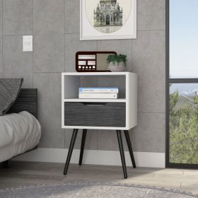 Otom Nightstand , Superior Top, One Open Shelf, One Drawer, Four Legs -Smokey Oak / White