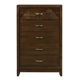 Modern Bedroom Walnut Finish 1pc Chest of 5 Drawers Decorative Angled Front Satin Brass Tone Handles Wooden Furniture