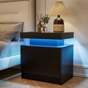 Nightstand LED Bedside Table Cabinet Lights Modern End Side with 2 Drawers for Bedroom (Black)