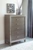 Silver Gray Metallic Finish Glam Style Storage Chest of 5 Drawers Wooden 1pc Modern Bedroom Furniture Acrylic Hardware Beveled Mirror Trim