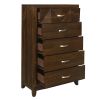 Modern Bedroom Walnut Finish 1pc Chest of 5 Drawers Decorative Angled Front Satin Brass Tone Handles Wooden Furniture