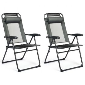 2 Pieces Patio Adjustable Folding Recliner Chairs with 7 Level Adjustable Backrest (Color: Gray)